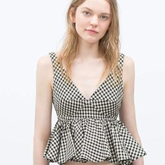 Zara Cropped Peplum Blouse Black And White Size XS - Picture 1 of 7